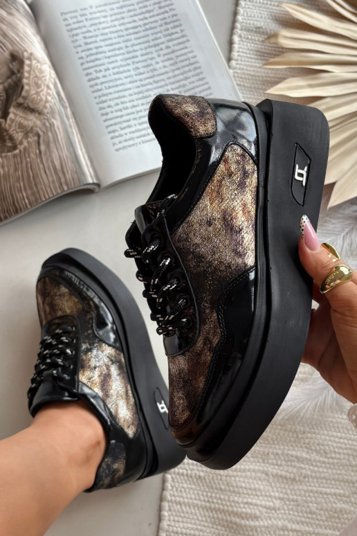 Ādas sieviešu kurpes ar šņorēm un platformu Artiker 57C2042, melnā un zelta krāsā