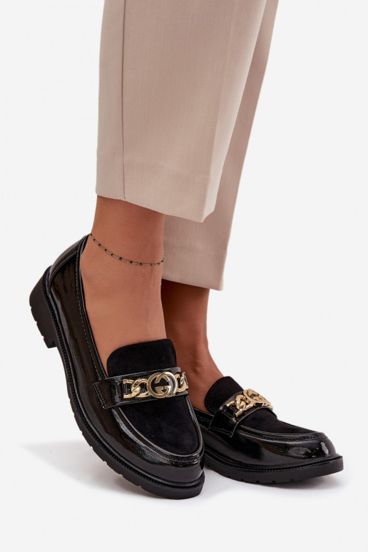 Lakuoti sieviešu mokasīni ar zelta krāsas detaļām S.Barski HY52-540 melnā krāsā