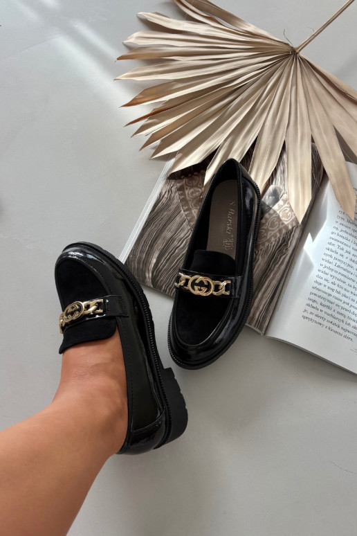 Lakuoti sieviešu mokasīni ar zelta krāsas detaļām S.Barski HY52-540 melnā krāsā