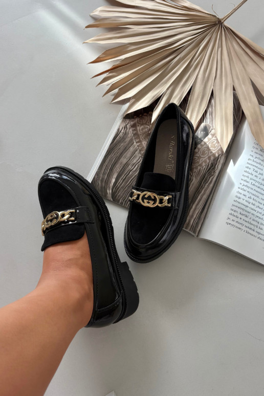 Lakuoti sieviešu mokasīni ar zelta krāsas detaļām S.Barski HY52-540 melnā krāsā