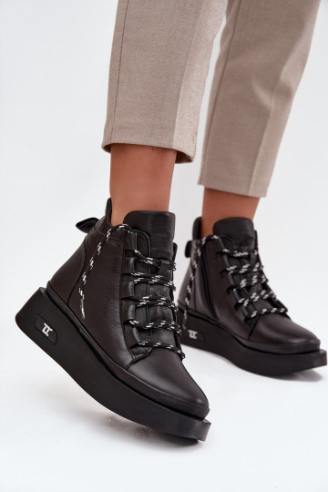 Ādas sieviešu zābaki ar platformu, siltināti, Artiker 55C0809 melnā krāsā