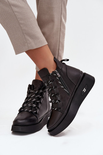 Ādas sieviešu zābaki ar platformu, siltināti, Artiker 55C0809 melnā krāsā 2