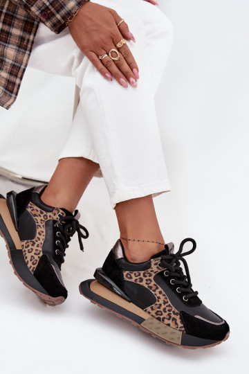 Ādas sieviešu sporta stila apavi ar platformu un leoparda kažokādas rakstiem Artiker 55C0134 melnā krāsā