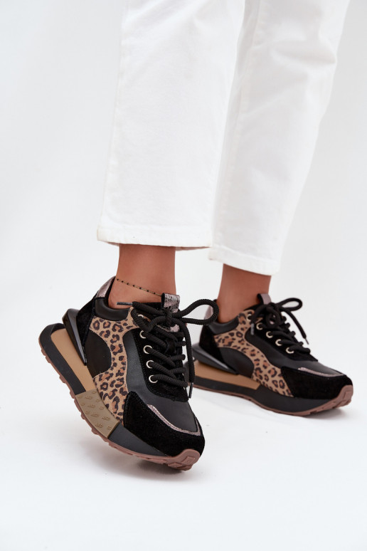 Ādas sieviešu sporta stila apavi ar platformu un leoparda kažokādas rakstiem Artiker 55C0134 melnā krāsā