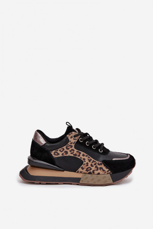 Ādas sieviešu sporta stila apavi ar platformu un leoparda kažokādas rakstiem Artiker 55C0134 melnā krāsā