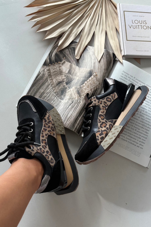 Ādas sieviešu sporta stila apavi ar platformu un leoparda kažokādas rakstiem Artiker 55C0134 melnā krāsā