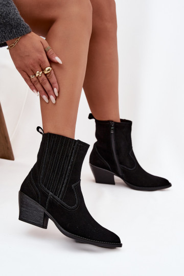 Zamšādas kurpes Kovboju zābaki Sieviešu ar papēdi siltināti melnas krāsas Dylira