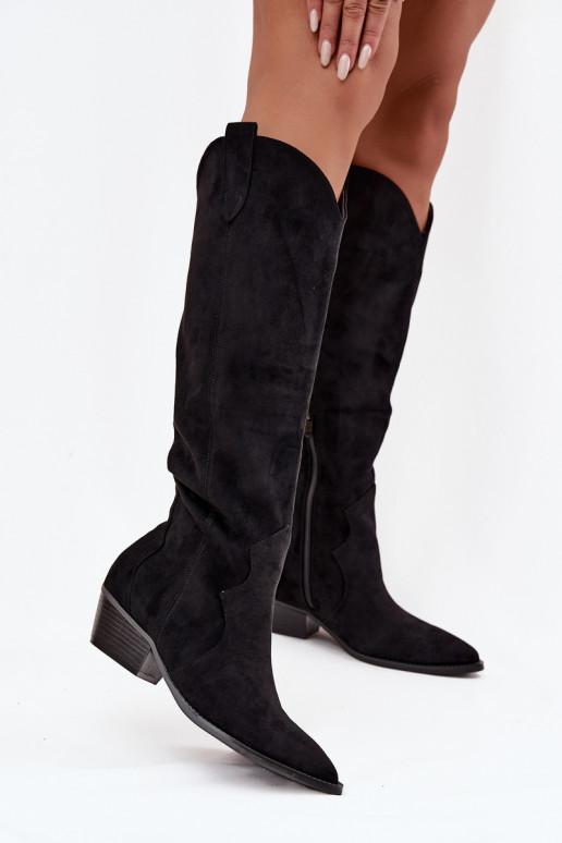 Eko zamšādaoIne garie zābaki Kovboju zābaki Sieviešu ar papēdi melnas krāsas Jenaya