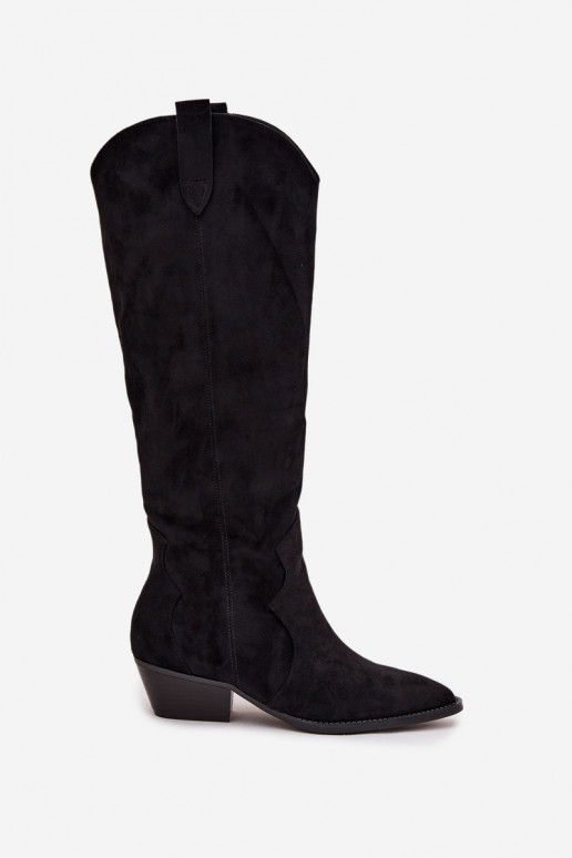 Eko zamšādaoIne garie zābaki Kovboju zābaki Sieviešu ar papēdi melnas krāsas Jenaya