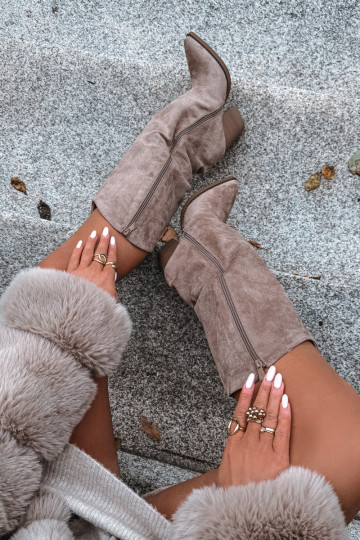 siltināti garie zābaki Kovboju zābaki ar papēdiEko zamšādau smilšu krāsas Tā irvine 2