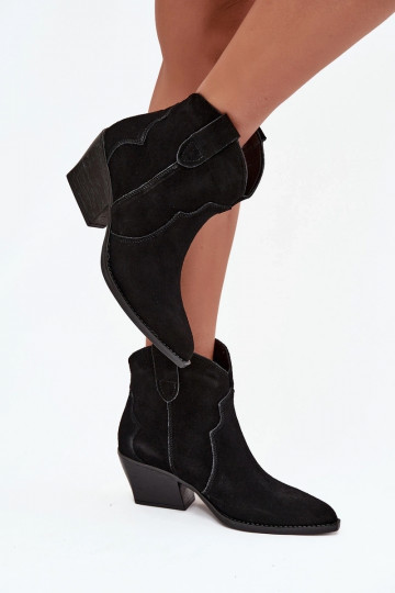 Ievilktie cowboy stila sieviešu zābaciņi no dabīgā zamša Beretta melnā krāsā