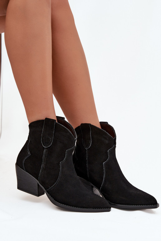 Ievilktie cowboy stila sieviešu zābaciņi no dabīgā zamša Beretta melnā krāsā