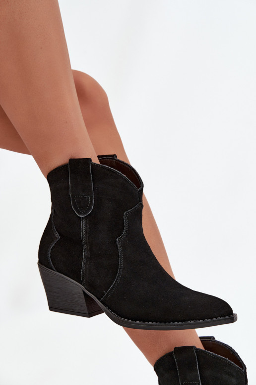 Ievilktie cowboy stila sieviešu zābaciņi no dabīgā zamša Beretta melnā krāsā