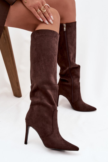 siltināti sieviešu garie zābaki ar papēdiEko zamšādau CzekoladoIne Rosavine