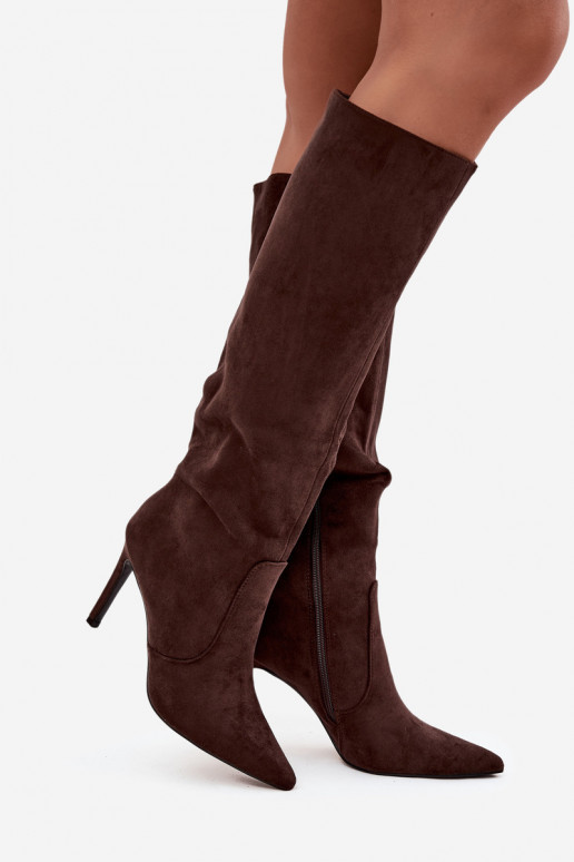 siltināti sieviešu garie zābaki ar papēdiEko zamšādau CzekoladoIne Rosavine