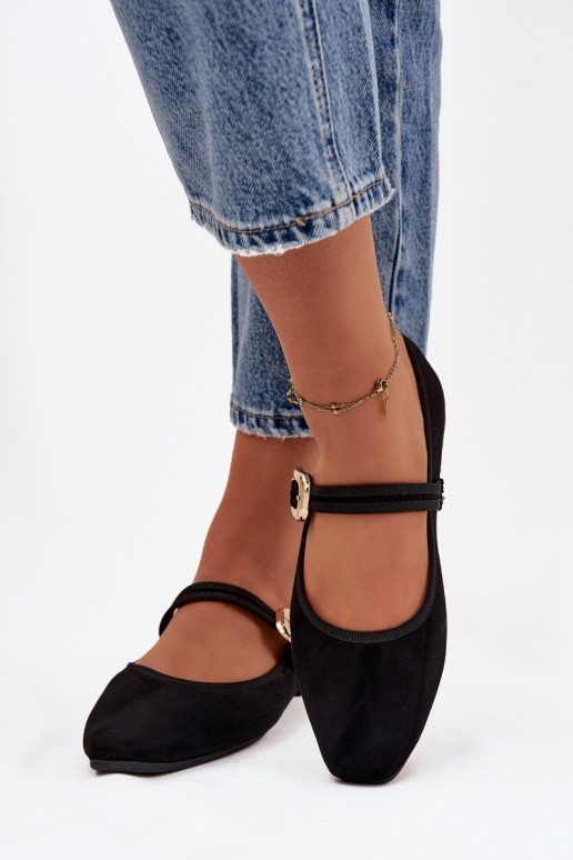 Balerīnas ar siksniņām I Złotą ar sprādzēm Eko zamšādaoIne melnas krāsas Adelora