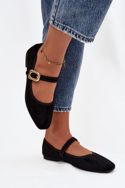 Balerīnas ar siksniņām I Złotą ar sprādzēm Eko zamšādaoIne melnas krāsas Adelora