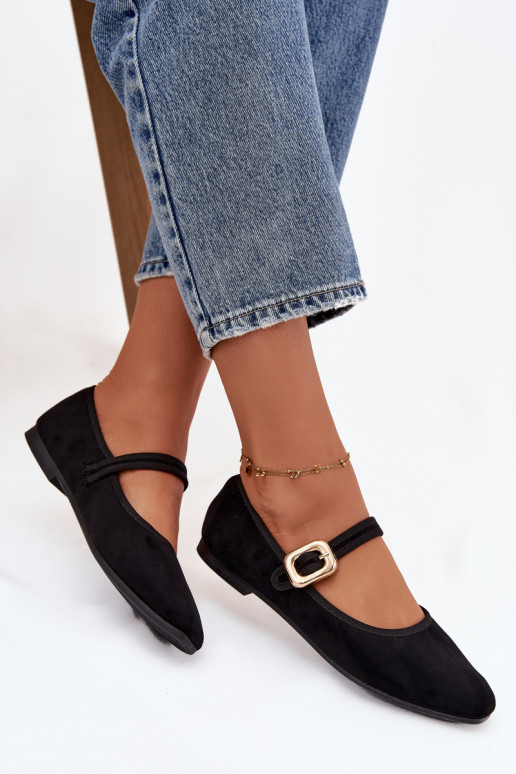 Balerīnas ar siksniņām I Złotą ar sprādzēm Eko zamšādaoIne melnas krāsas Adelora