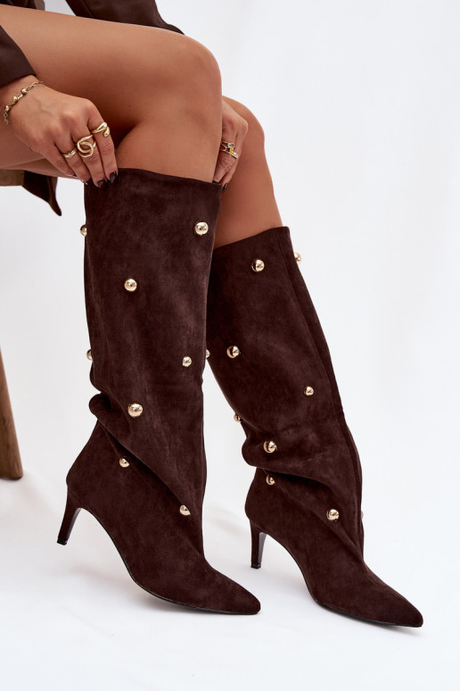 Paslīdēt uz sieviešu garie zābaki ar papēdi Ze Zelta krāsasmi Ozdobami CzekoladoIne Thaliane