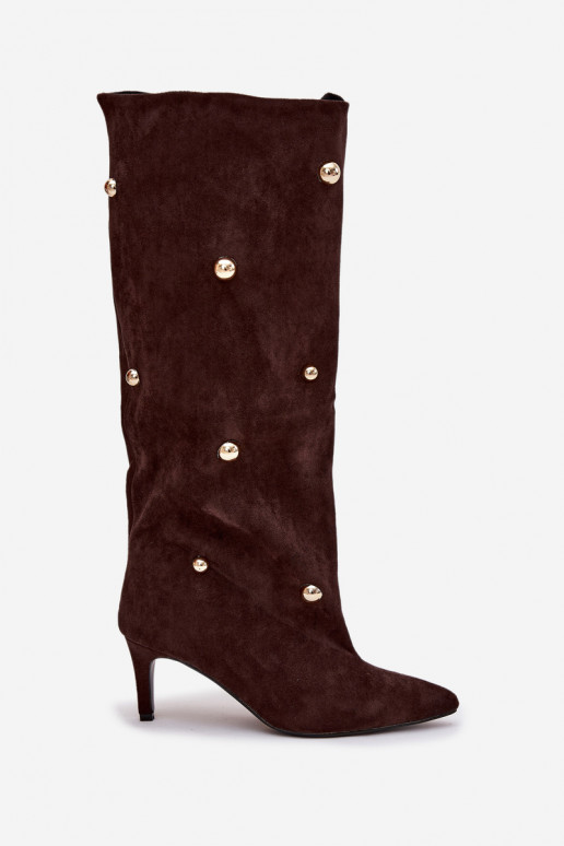 Paslīdēt uz sieviešu garie zābaki ar papēdi Ze Zelta krāsasmi Ozdobami CzekoladoIne Thaliane