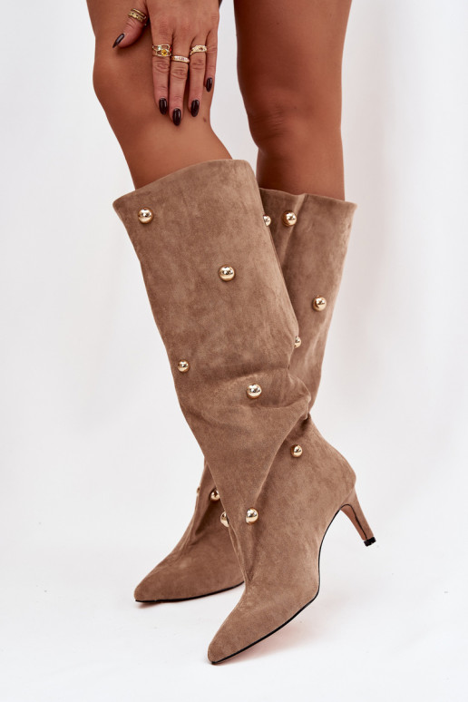 Paslīdēt uz sieviešu garie zābaki ar papēdi Ze Zelta krāsasmi Ozdobami smilšu krāsas Thaliane