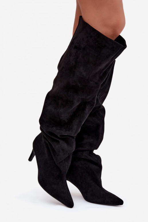 Sieviešu garie zābaki ar plāniem papēžiem, viegli uzvelkami, melnā krāsā Taivilla