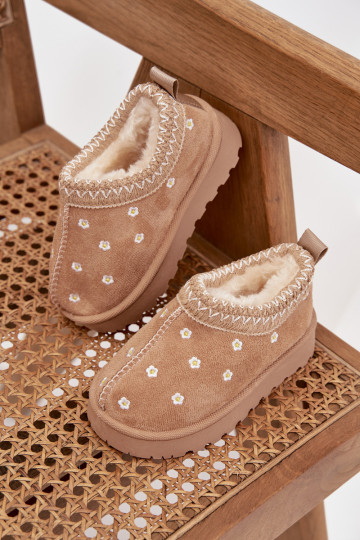 Bērnu sniega zābaki ar ziedu motīviem un ausīm, siltināti ar vilnu iekšpusē, Palina, smilšu krāsā 2