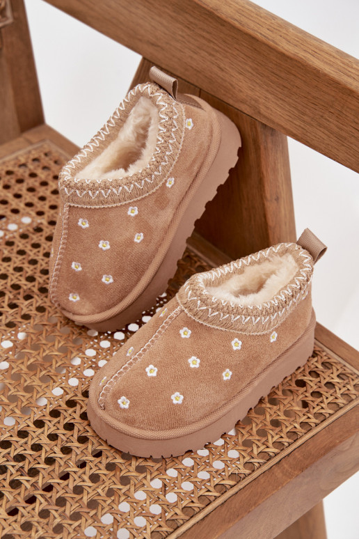 Bērnu sniega zābaki ar ziedu motīviem un ausīm, siltināti ar vilnu iekšpusē, Palina, smilšu krāsā