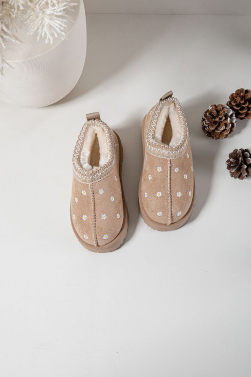 Bērnu sniega zābaki ar ziedu motīviem un ausīm, siltināti ar vilnu iekšpusē, Palina, smilšu krāsā