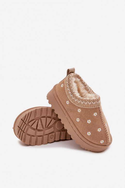 Bērnu sniega zābaki ar ziedu motīviem un ausīm, siltināti ar vilnu iekšpusē, Palina, smilšu krāsā