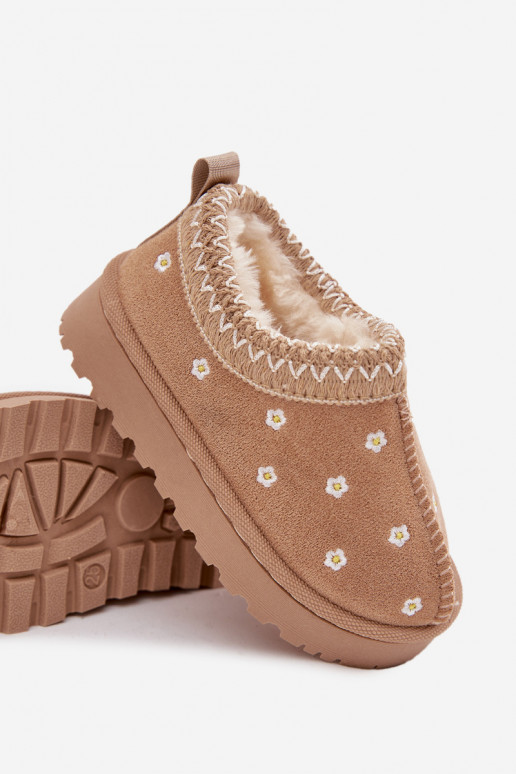 Bērnu sniega zābaki ar ziedu motīviem un ausīm, siltināti ar vilnu iekšpusē, Palina, smilšu krāsā