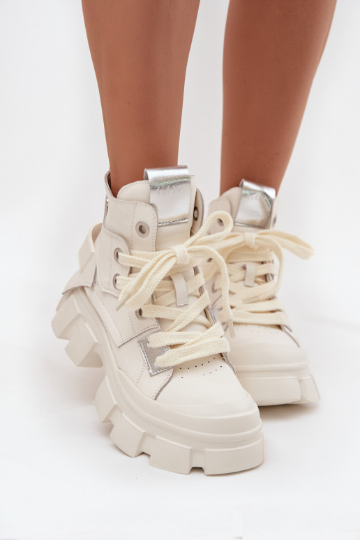 Ādas siltināti sporta stila zābaciņi GOE SS2N4055 baltā krāsā