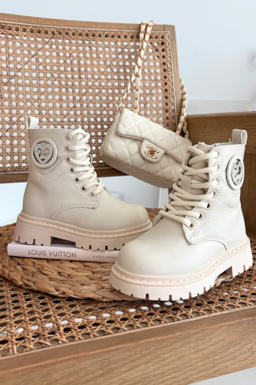 Bērnu siltināti zābaciņi ar vilnu iekšpusē un LOVE ornamentiem, smilšu krāsā, Rosaira