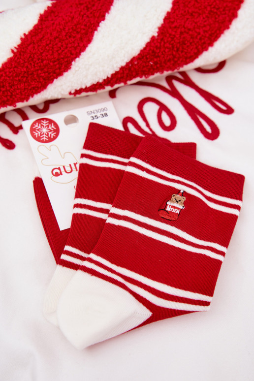 Zeķes Sieviešu Christmas Svītras I Lācis sarkanas krāsas