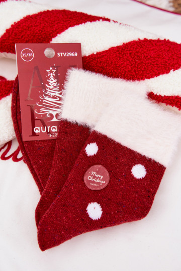 Zeķes Sieviešu Christmas ar kažokādu I Kropkami INełna Alpaka sarkanas krāsas 2