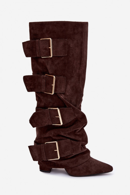 sieviešu garie zābaki ar papēdiINyIniniętą CholeInką I Zelta krāsasmi ar sprādzēmmi Eko zamšādaoIne CzekoladoIne Isavelle