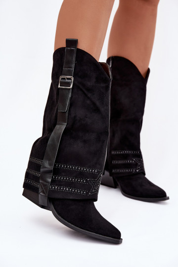 Sieviešu melni kauboju stila garie zābaki ar dekorācijām un sprādzēm Camilora 2