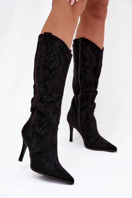 sieviešu garie zābaki ar papēdi Kovboju zābakiEko zamšādau melnas krāsas Belonia