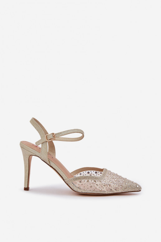 Dekorēti augstpapēžu kurpes ar atvērtu papēdi zelta krāsā Nadra