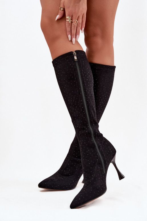 Sieviešu gari zābaki ar plāniem papēžiem un dekoru, D&A JC52-883, melnā krāsā