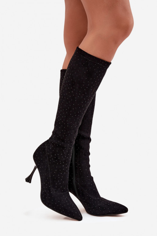 Sieviešu gari zābaki ar plāniem papēžiem un dekoru, D&A JC52-883, melnā krāsā