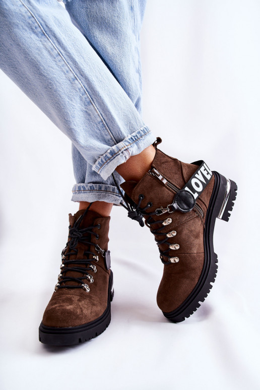 zamšādas siltināti Sieviešu puszābaki ar siksniņām tumši brūnas krāsas Aurelio