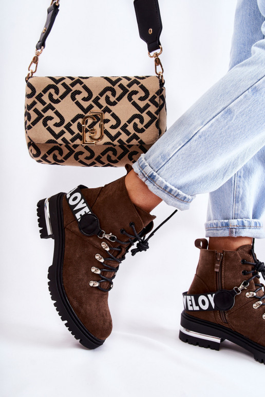 zamšādas siltināti Sieviešu puszābaki ar siksniņām tumši brūnas krāsas Aurelio