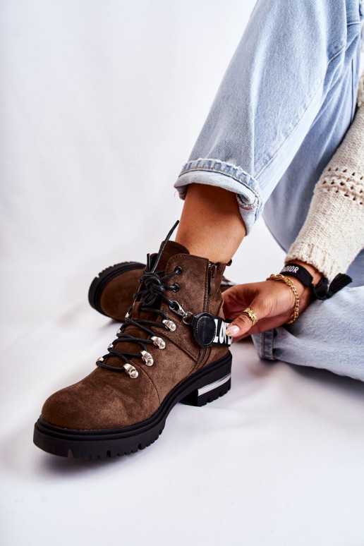 zamšādas siltināti Sieviešu puszābaki ar siksniņām tumši brūnas krāsas Aurelio