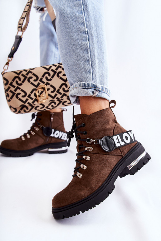 zamšādas siltināti Sieviešu puszābaki ar siksniņām tumši brūnas krāsas Aurelio