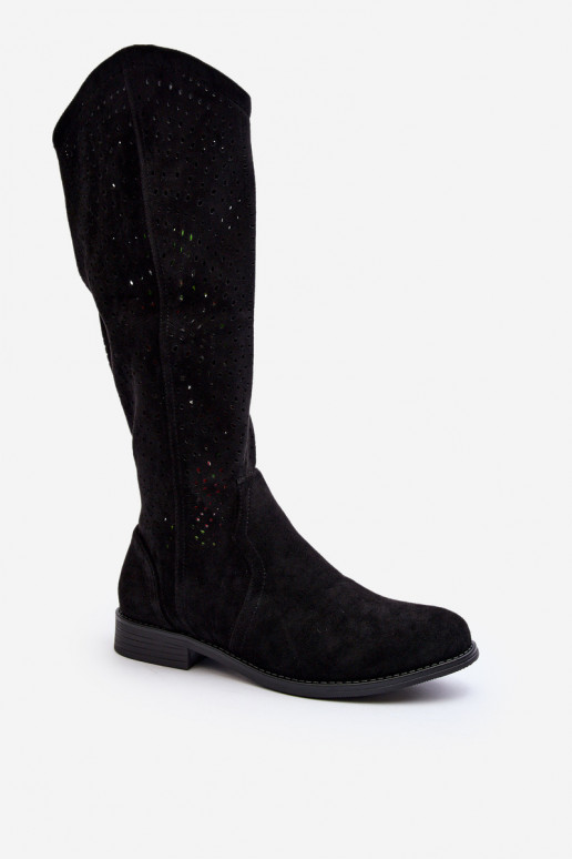 S.Barski HY66-150 Ažūrs garie zābaki ar platiem papēžiem melnas krāsas