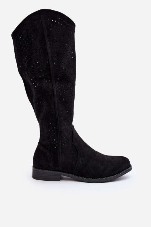 S.Barski HY66-150 Ažūrs garie zābaki ar platiem papēžiem melnas krāsas