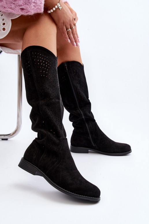 S.Barski HY66-150 Ažūrs garie zābaki ar platiem papēžiem melnas krāsas