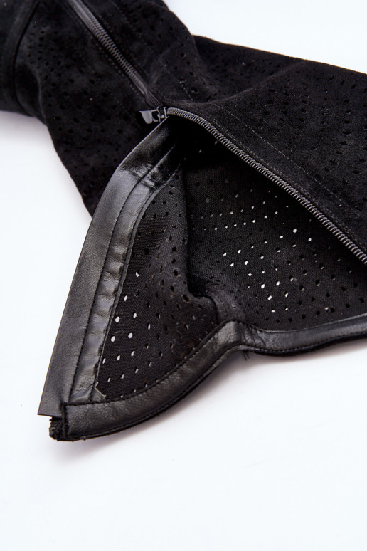 S.Barski HY66-150 Ažūrs garie zābaki ar platiem papēžiem melnas krāsas