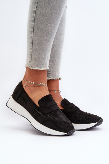 Sieviešu mokasīni ar apzeltītu zoli Eko zamšādaoIne melnas krāsas Inesqua